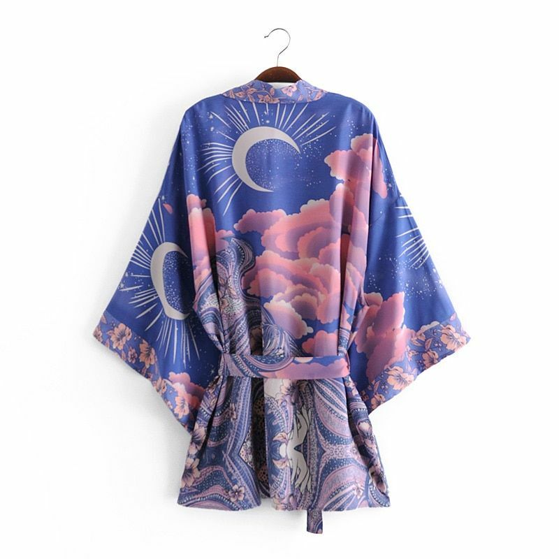 Pink Purple Floral Moon Sky Cloud Print Boho Short Kimono Batwing Sleeve Robe