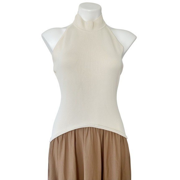 Solid and Striped Soglio Halter Ecru Camel Brown Maxi Dress Size L