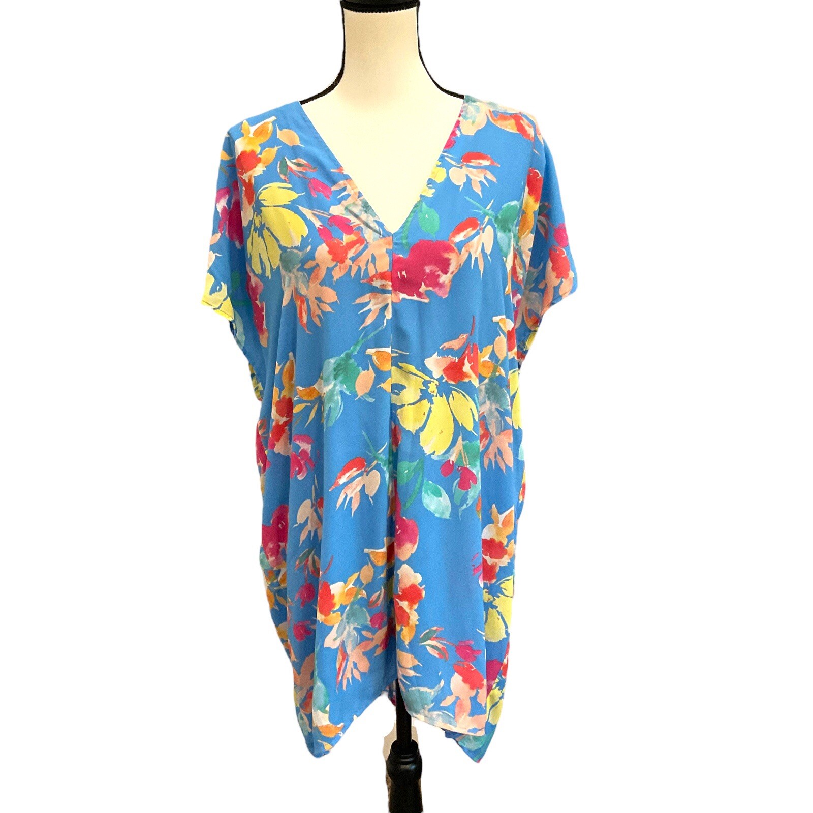 Karlie Women’s Dress Tunic Sz Medium Blue Pink Floral V-Neck Short Sleeves Lined