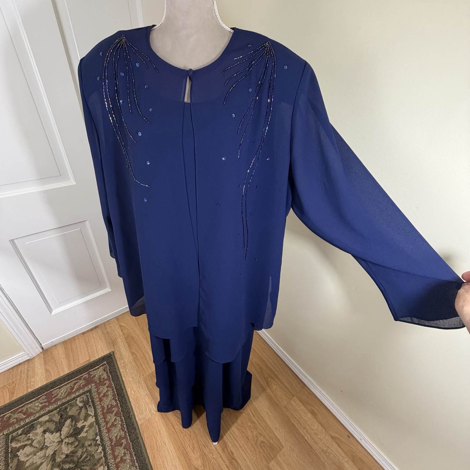 Patra 80s 90s Blue Chiffon Sleeveless Dress Jacket Set 24W Formal Bead Glam USA