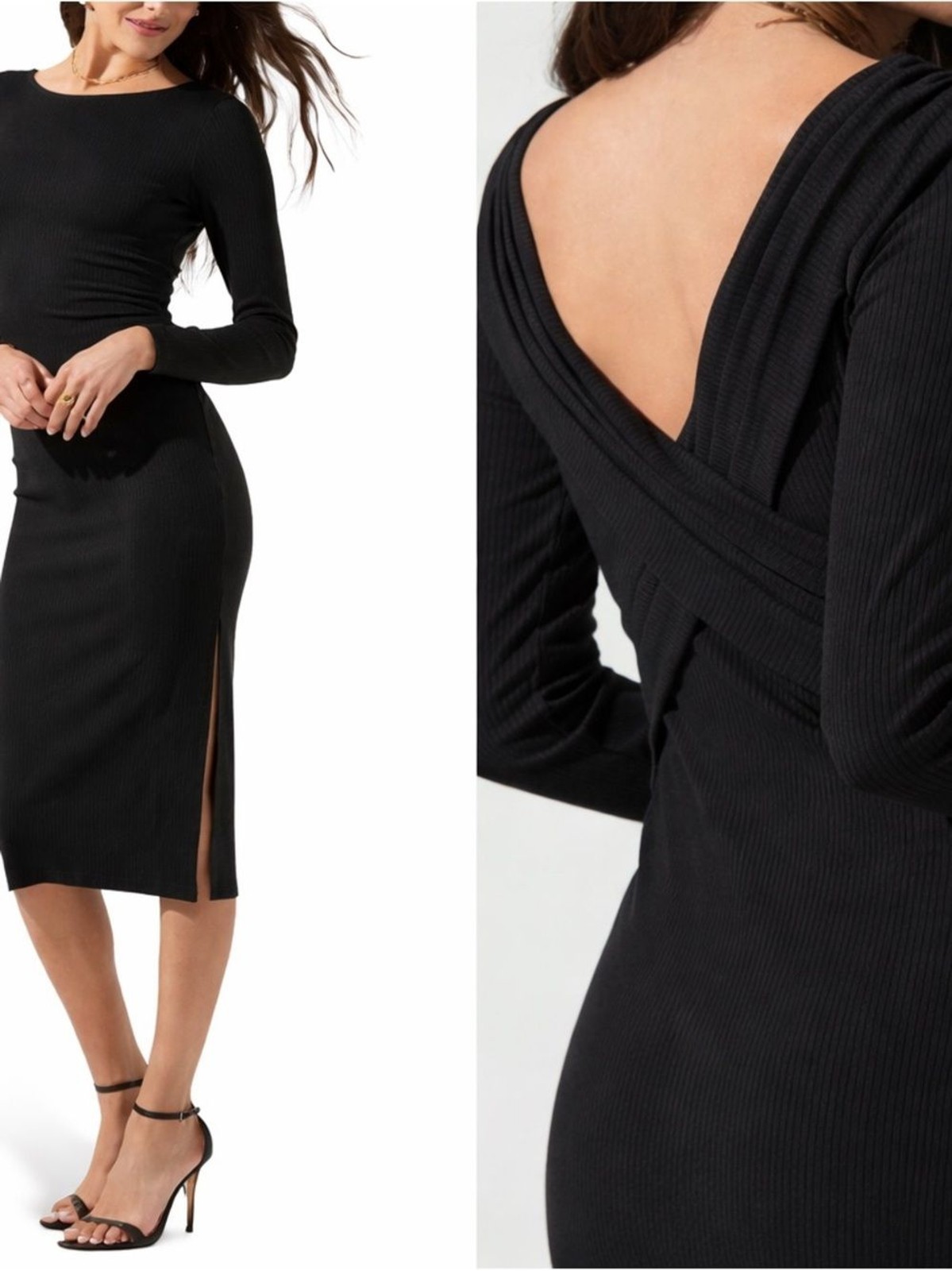 ASTR The Label Black Ribbed Cross Back Midi Dress Open Back Side Slit XL NWT