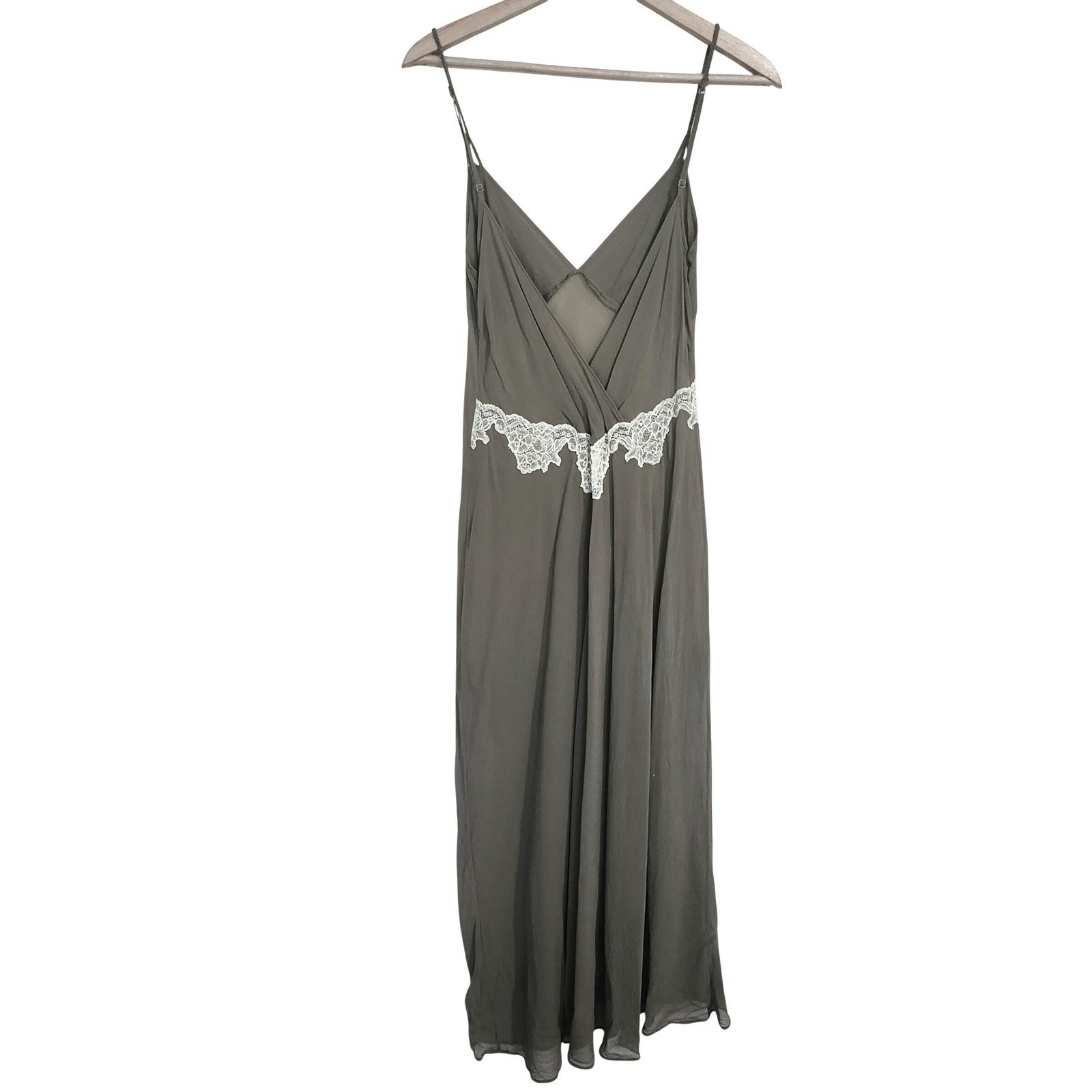 Chiffon Maxi Slip Dress Small Olive Green Chiffon Lace Trim Braided Strap V-neck