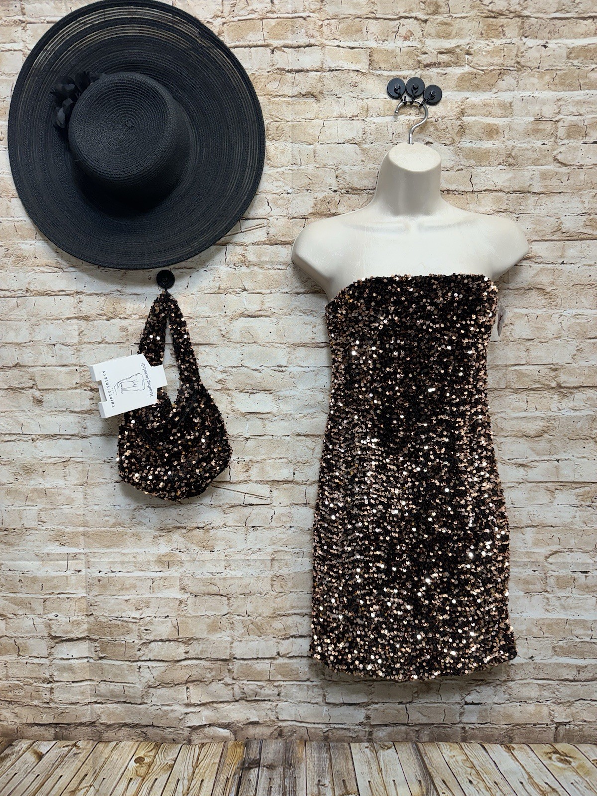 Thirty Thirty Strapless Copper And Black Sequined Dress & Bag Size M – NWT