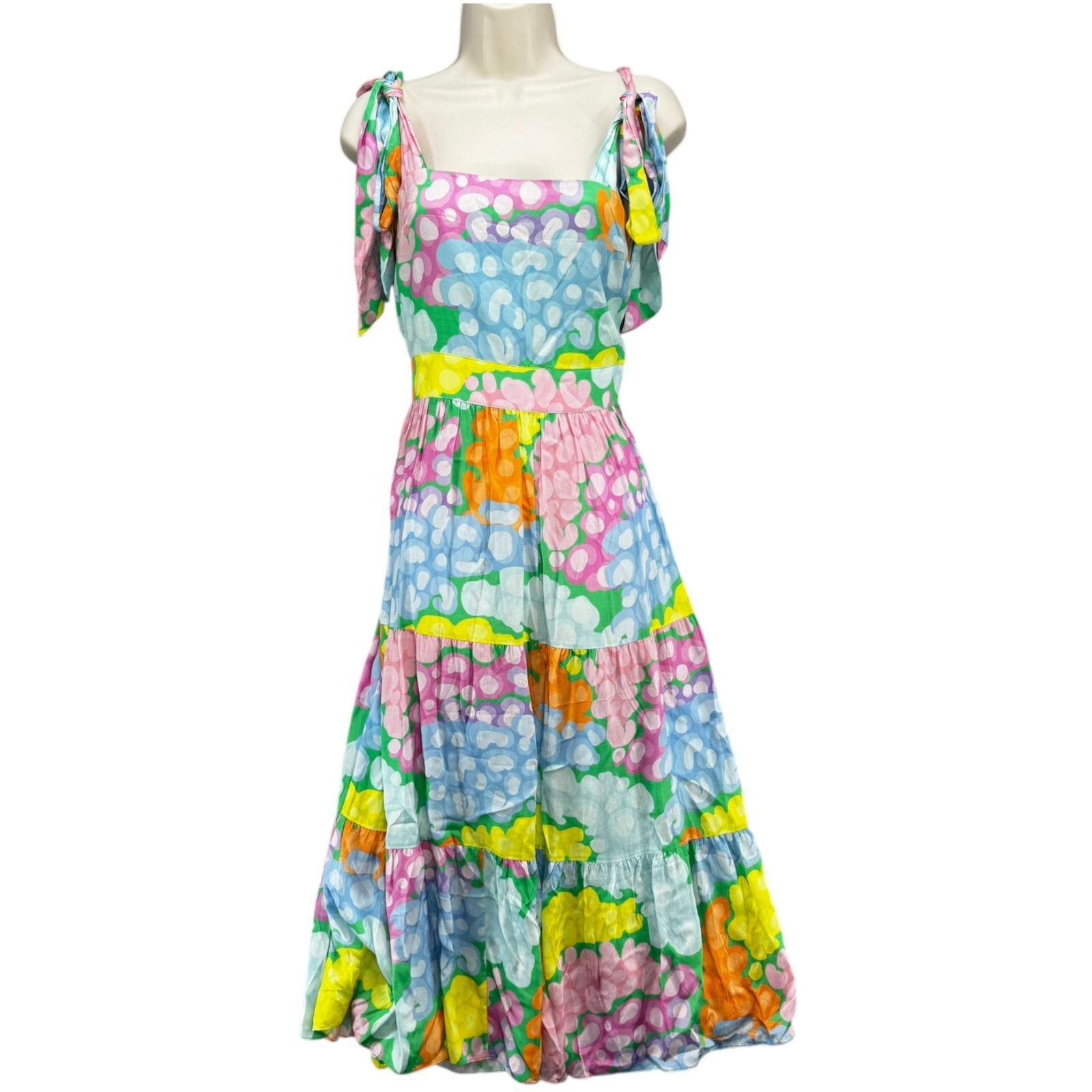 Emily McCarthy Empire Midi Dress Multicolor Floral Sleeveless Tiered Pocket Sz L