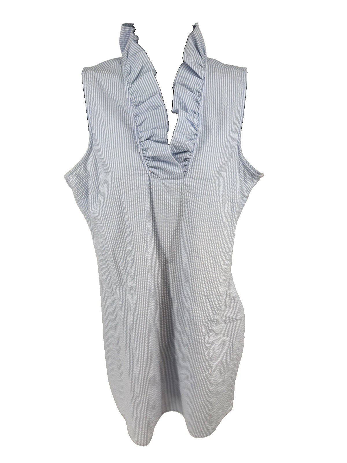 MudPie Ladies M Seersucker Short Dress Lined Blue White Fitted Ruffle V-Neck