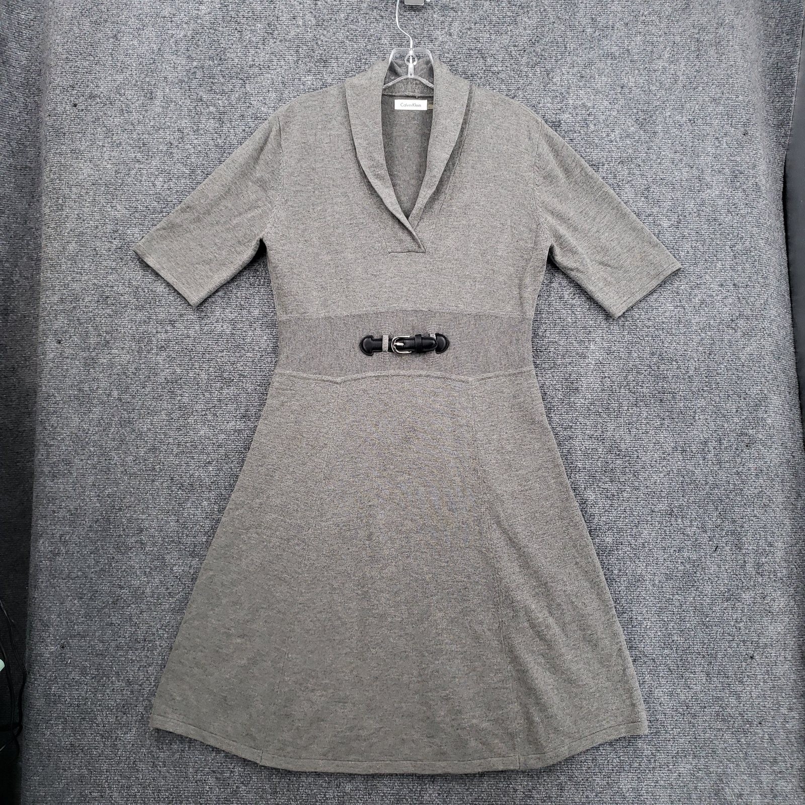 Calvin Klein Women’s L Gray Knit Sweater Dress Shawl Collar Buckle Waist A-Line