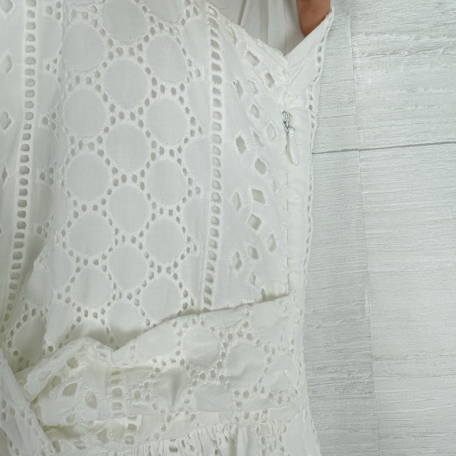 ZARA Openwork Embroidered Eyelet Midi Dress L White Sleeveless V Neck Feminine