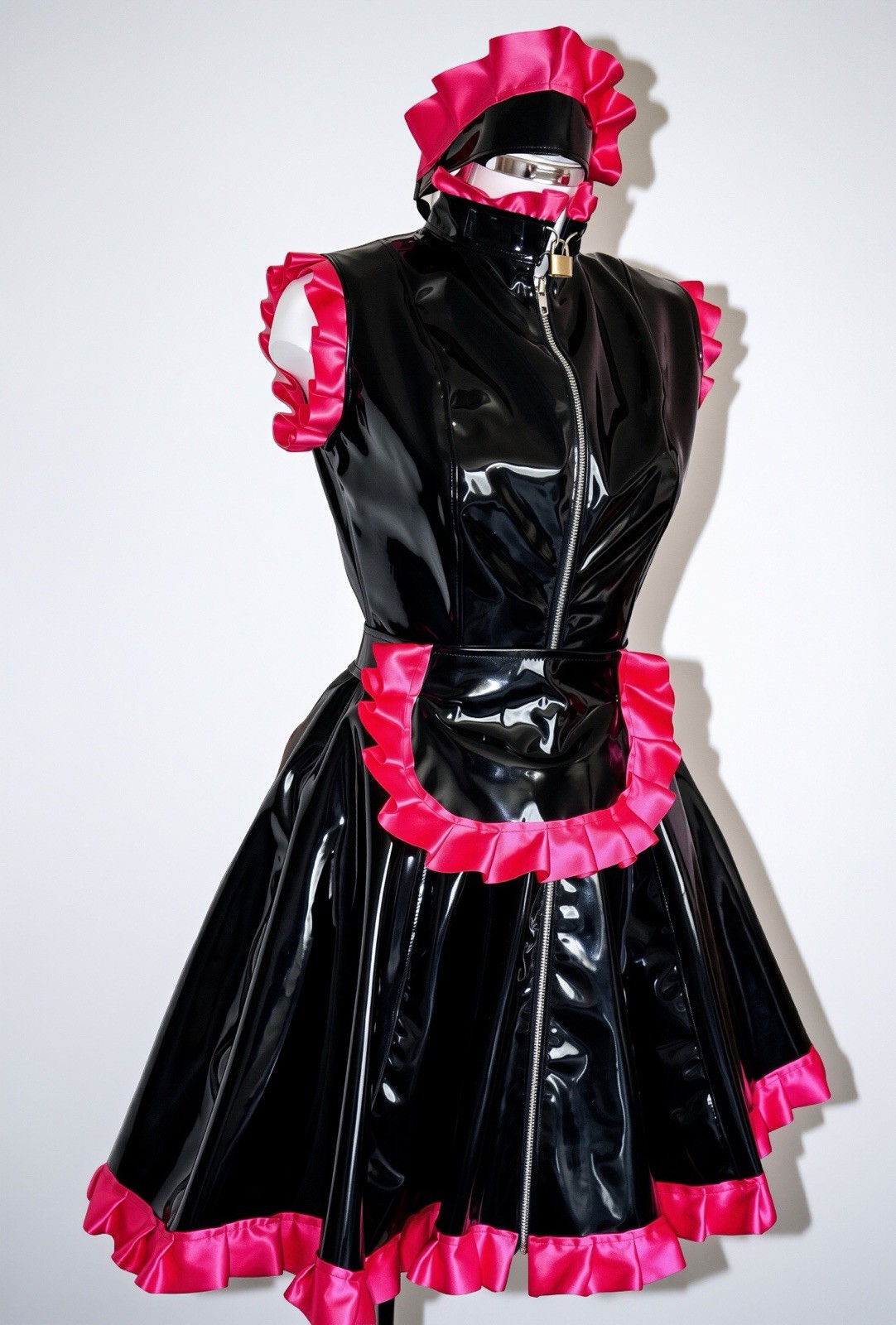 Misfitz black PVC & hot pink satin padlock sissy maids dress. SIZE 24. CD Goth
