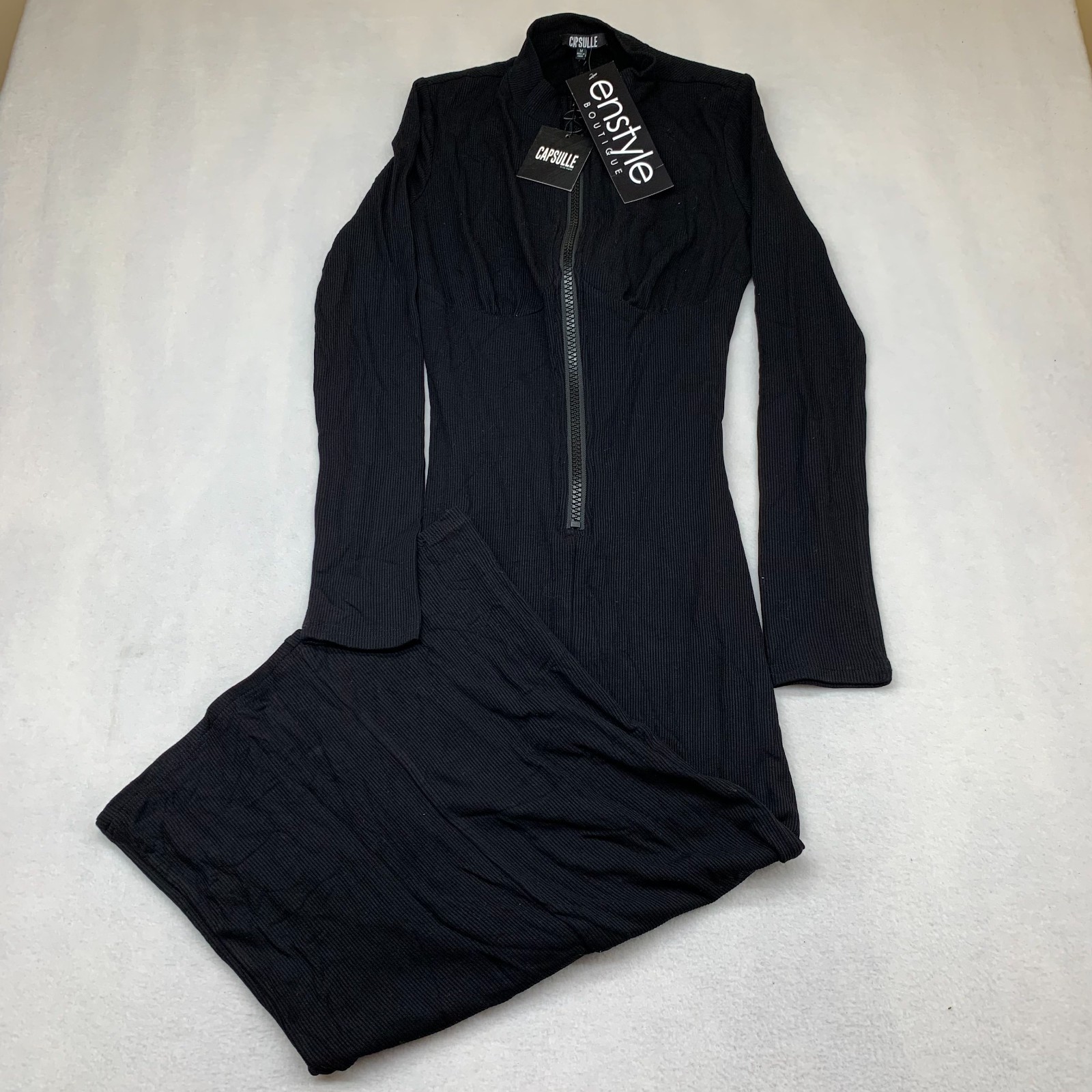 Enstyle Boutique Bodycon Sweater Dress Womens M Black Ribbed Keyhole Zip Front