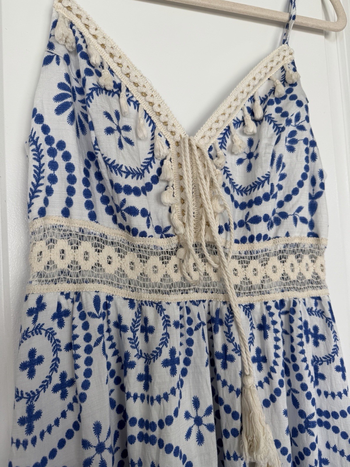 Blue White Floral V-Neck Spaghetti Strap Midi Sundress S Adjustable Tassel
