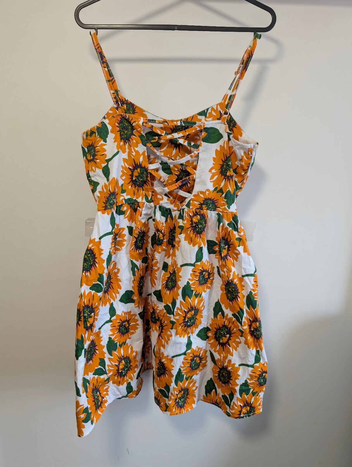 Sunflower Print Strappy Mini Dress White Yellow Lace Up Back UK 8/10