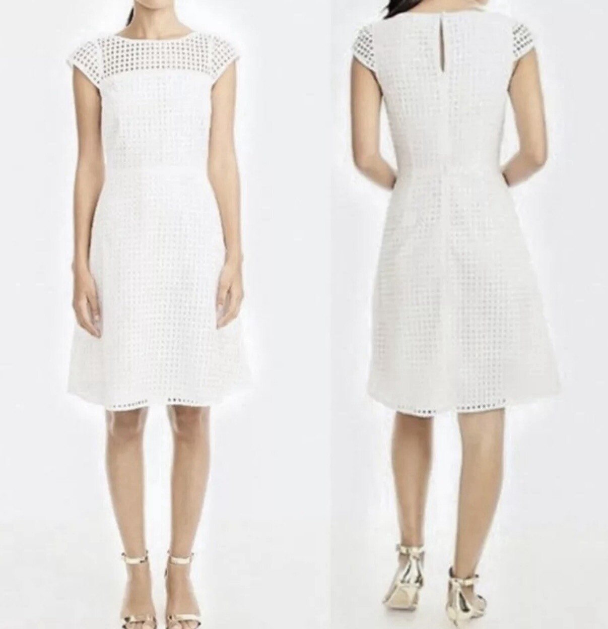 J Crew round neck keyhole closure white eyelet cap sleeve lined dress Size 8
