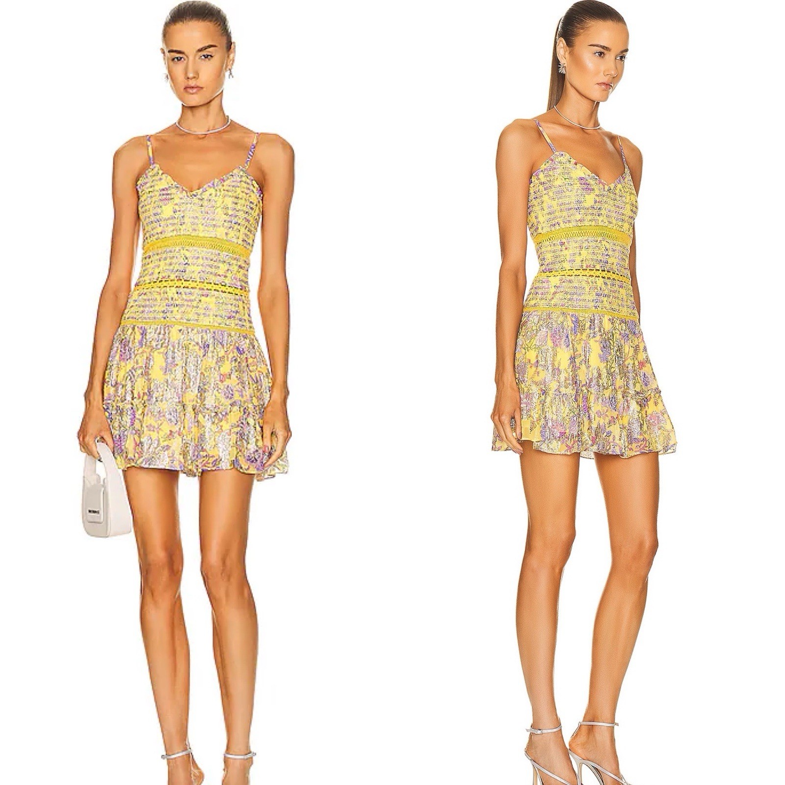 HEMANT AND NANDITA Dhea Canary Yellow Floral Metallic Crochet Mini Dress S