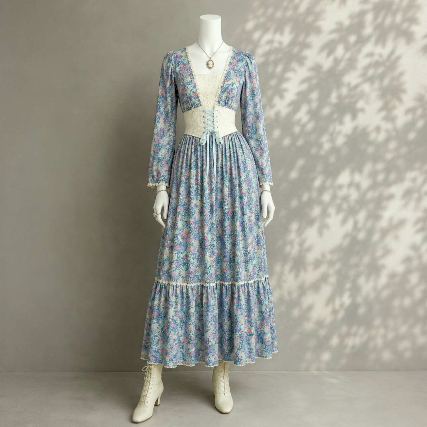 Vintage Hilda Hawaii Prairie Maxi Dress XS / S Blue Floral Cottagecore Modest