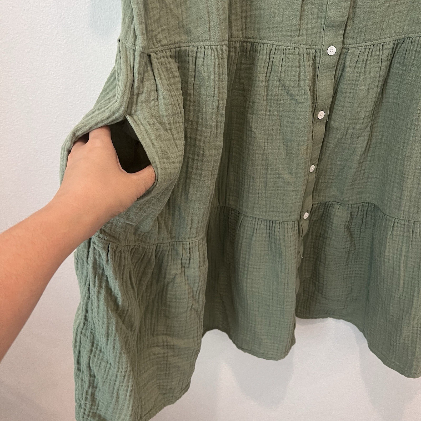 Madewell Lightspun Cuff-Sleeve Button-Front Tiered Mini Dress – Sage Green XXL