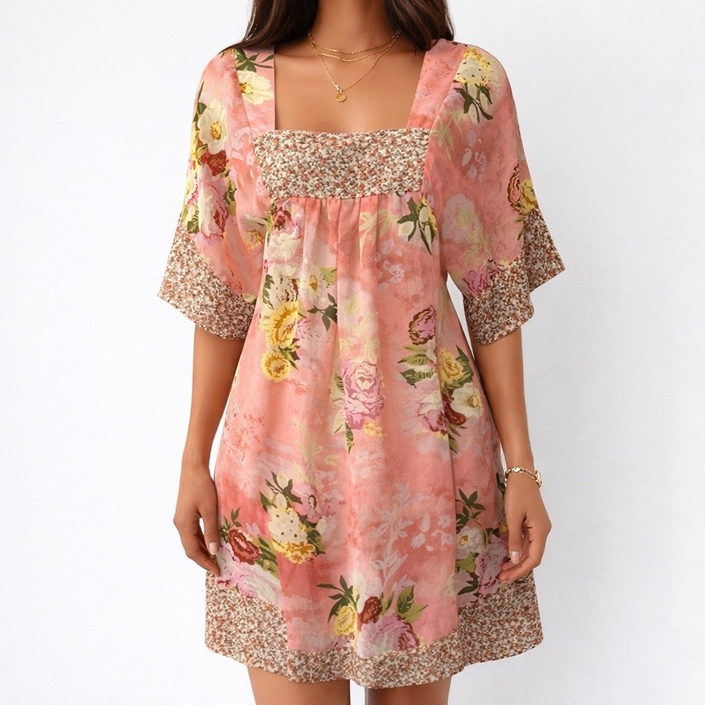 Pink Floral Cottagecore Dress Women XS Boho Prairie Square Neck Kimono Sleeve