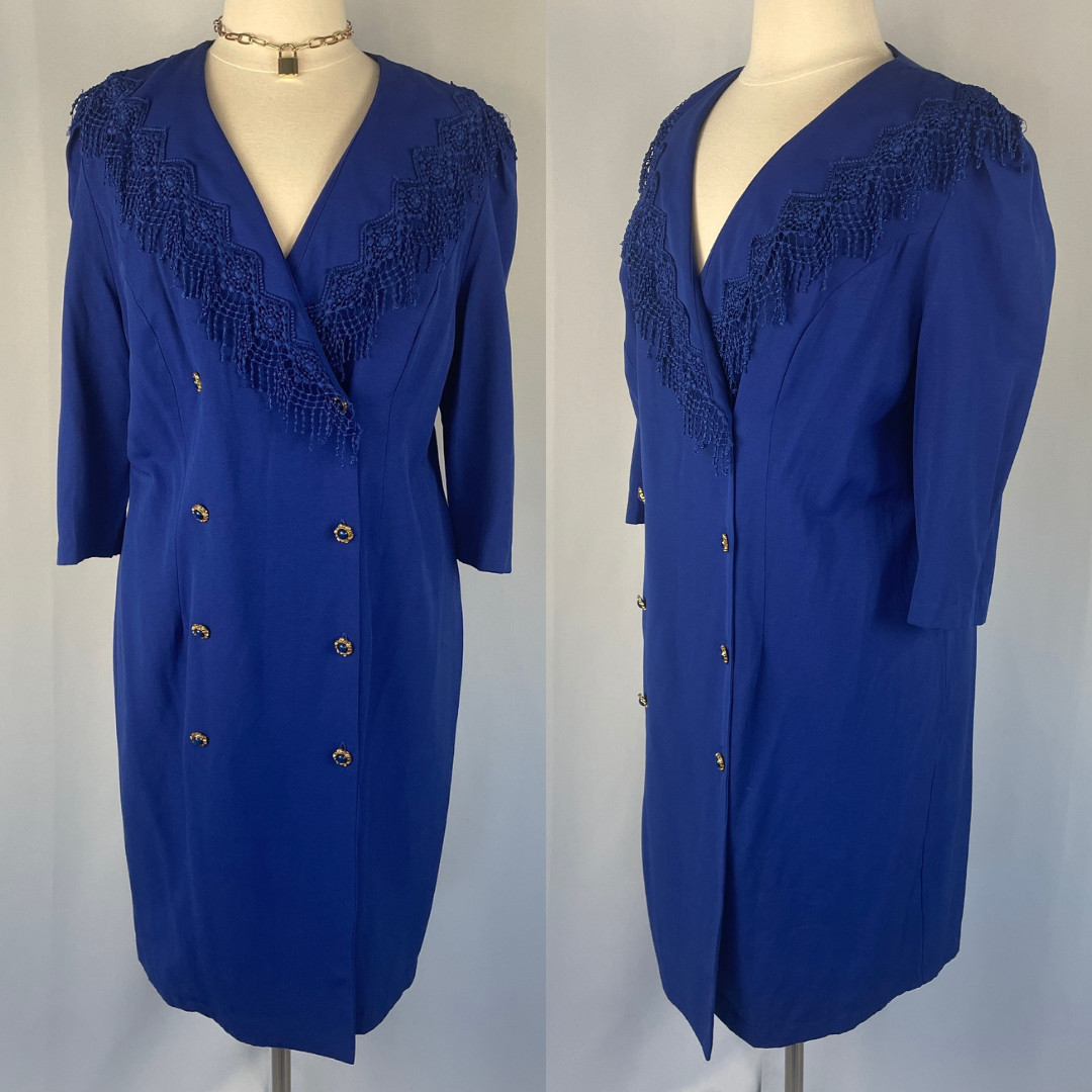 Vintage Coat Dress Plus Size 18W Royal Blue Fringe Button Office Career 80s 90s