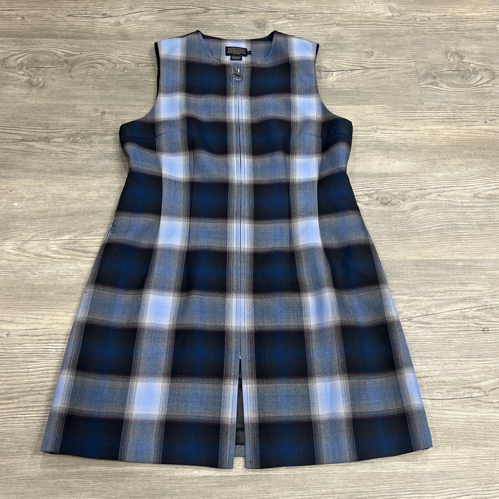 Pendleton 100% Wool Zip Dress 12 Blue Plaid Tartan Academia Preppy Retro Overall