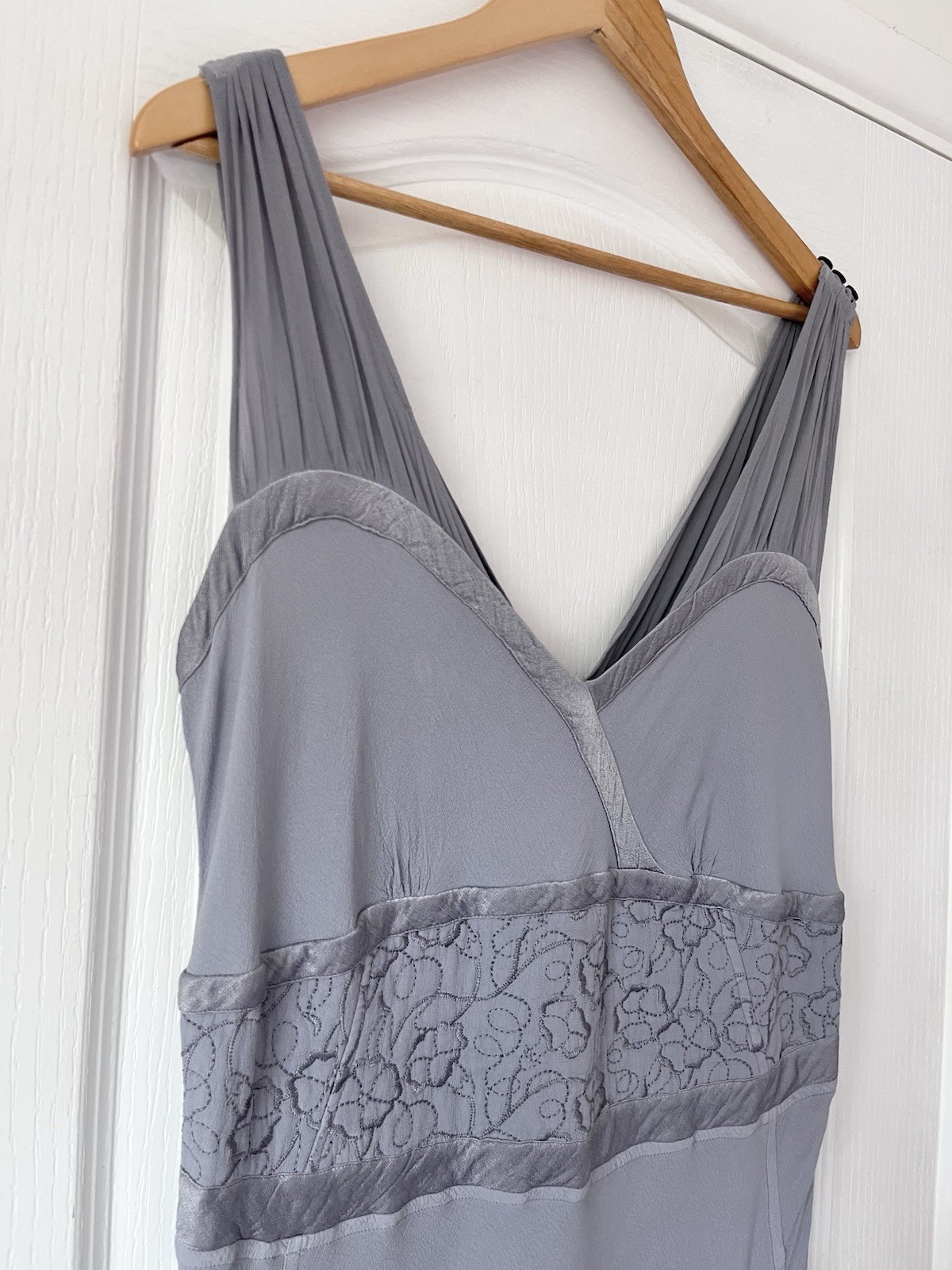 Vintage GHOST Midi Dress Size L 14 16 Pre Takeover Bias Cut Grey Crepe Chiffon