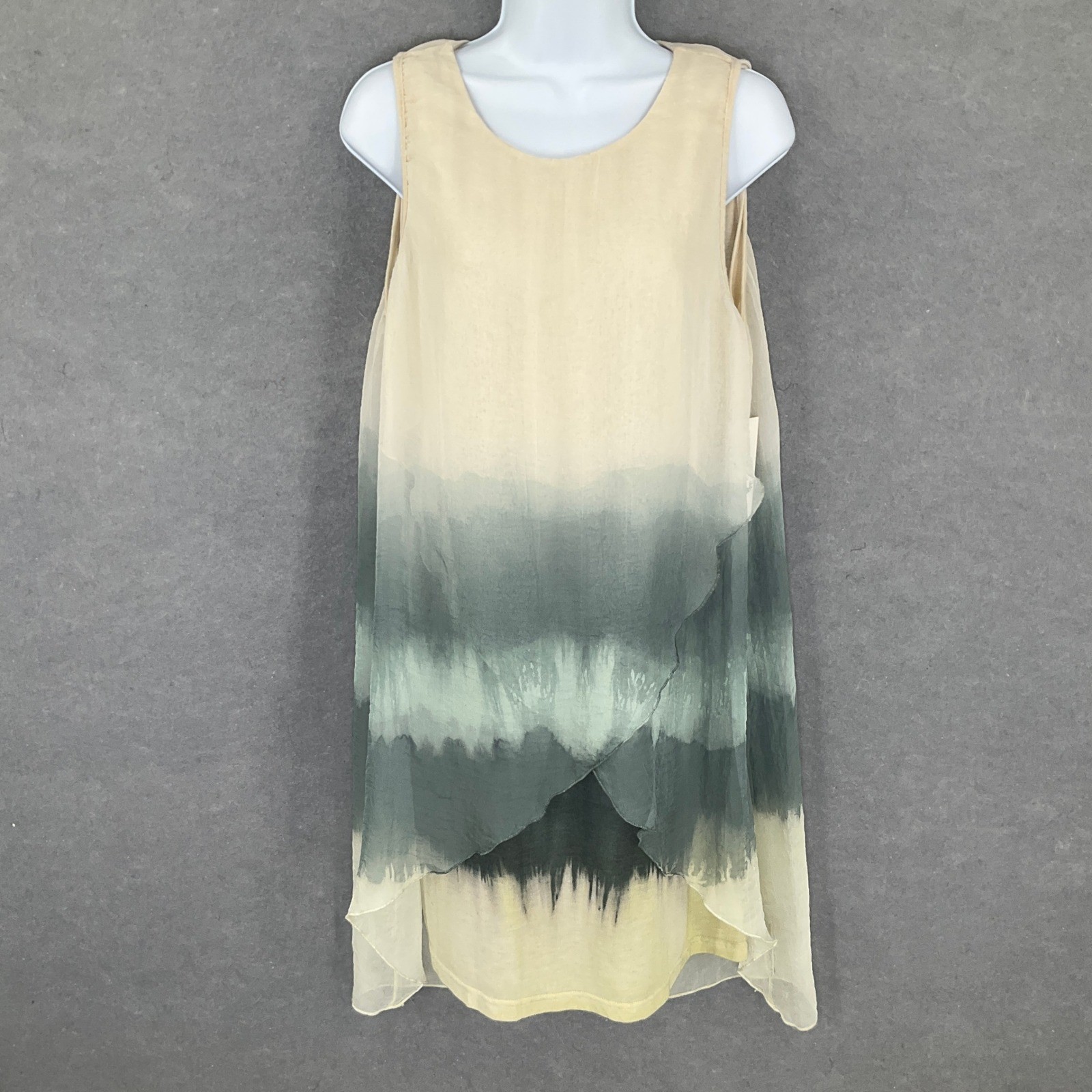 Fleur de Lis Dress Beige Green Ombre Overlay Layered L Cruise Resortwear Travel