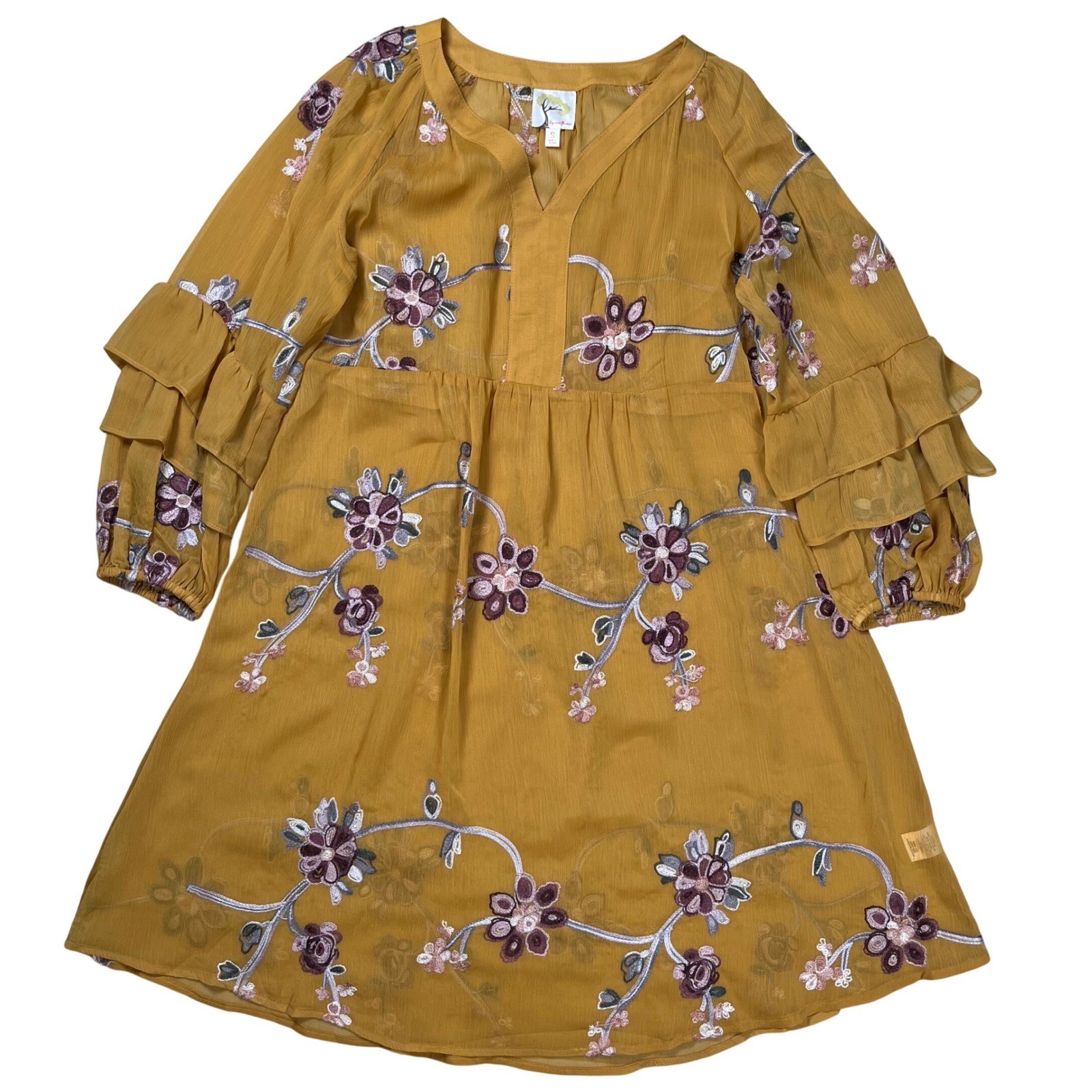 Fig and Flower Floral Embroidered Tunic Dress Womens Small Mustard Sheer Ruffle