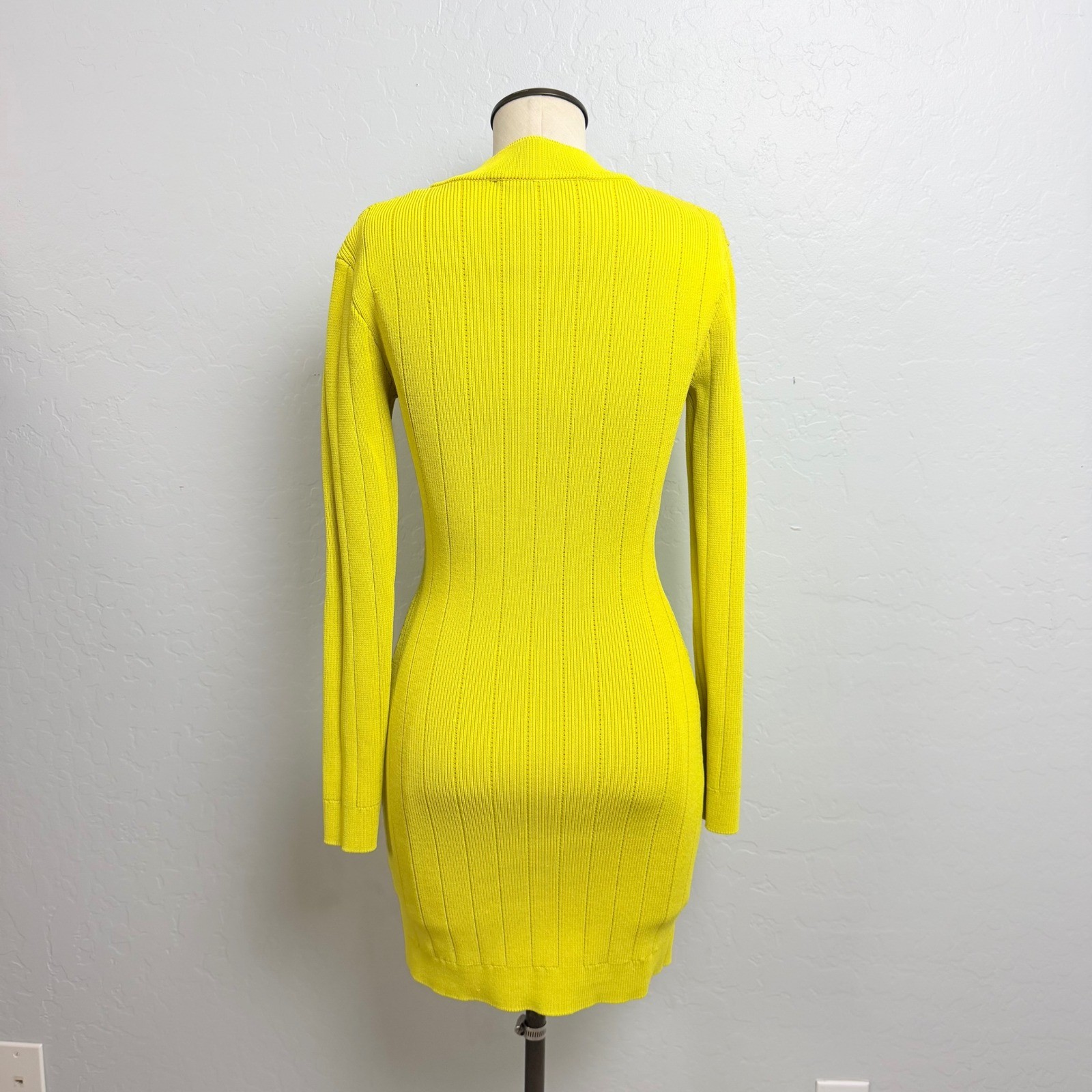 Endless Rose Lime Yellow Ribbed Knit Button Down Mini Dress Gold Crest Button XS