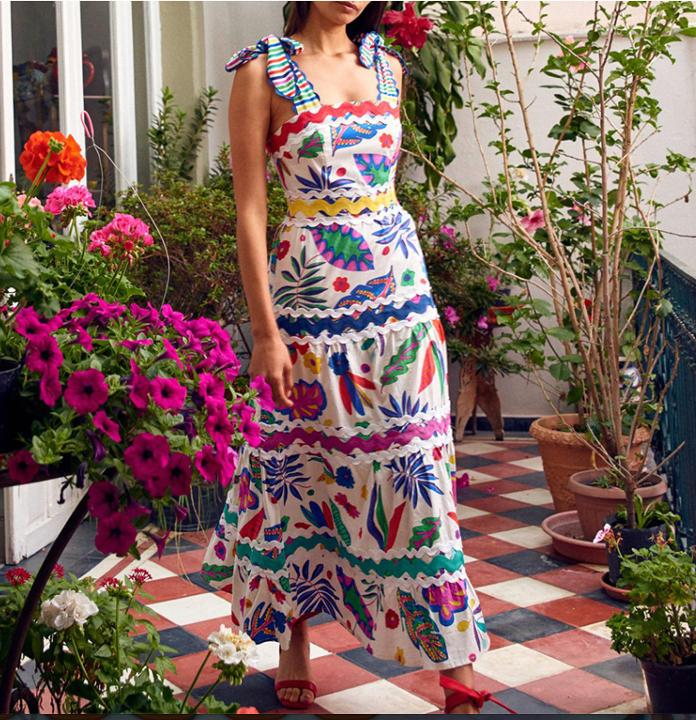 Persea Vibrant Floral Tiered Midi Dress Tie Shoulder Colorful Ric-Rac NWOT Sz. 4