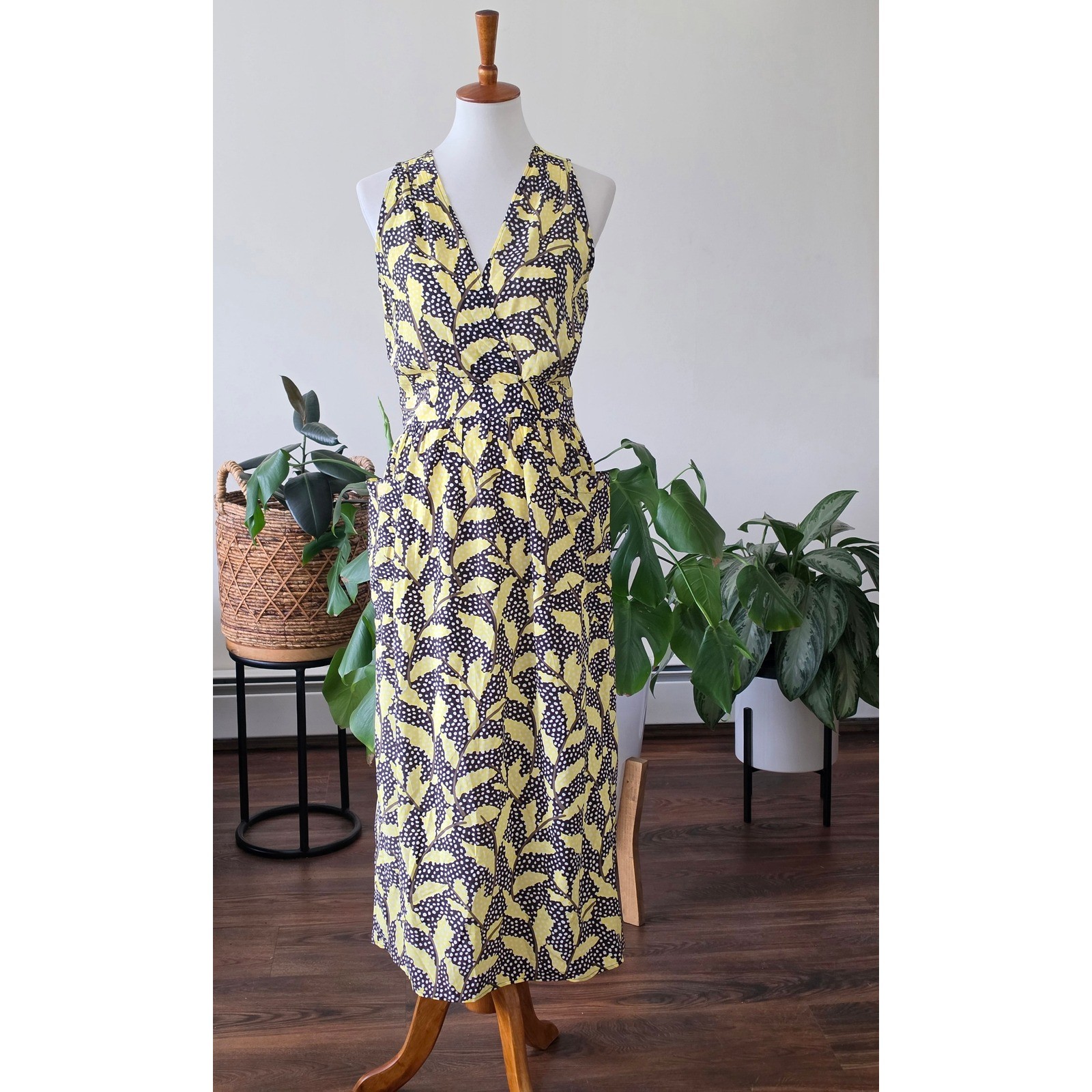 No.6 Store Button Back Dress Black Yellow Leaf Polka Dot Midi Pockets Size 2