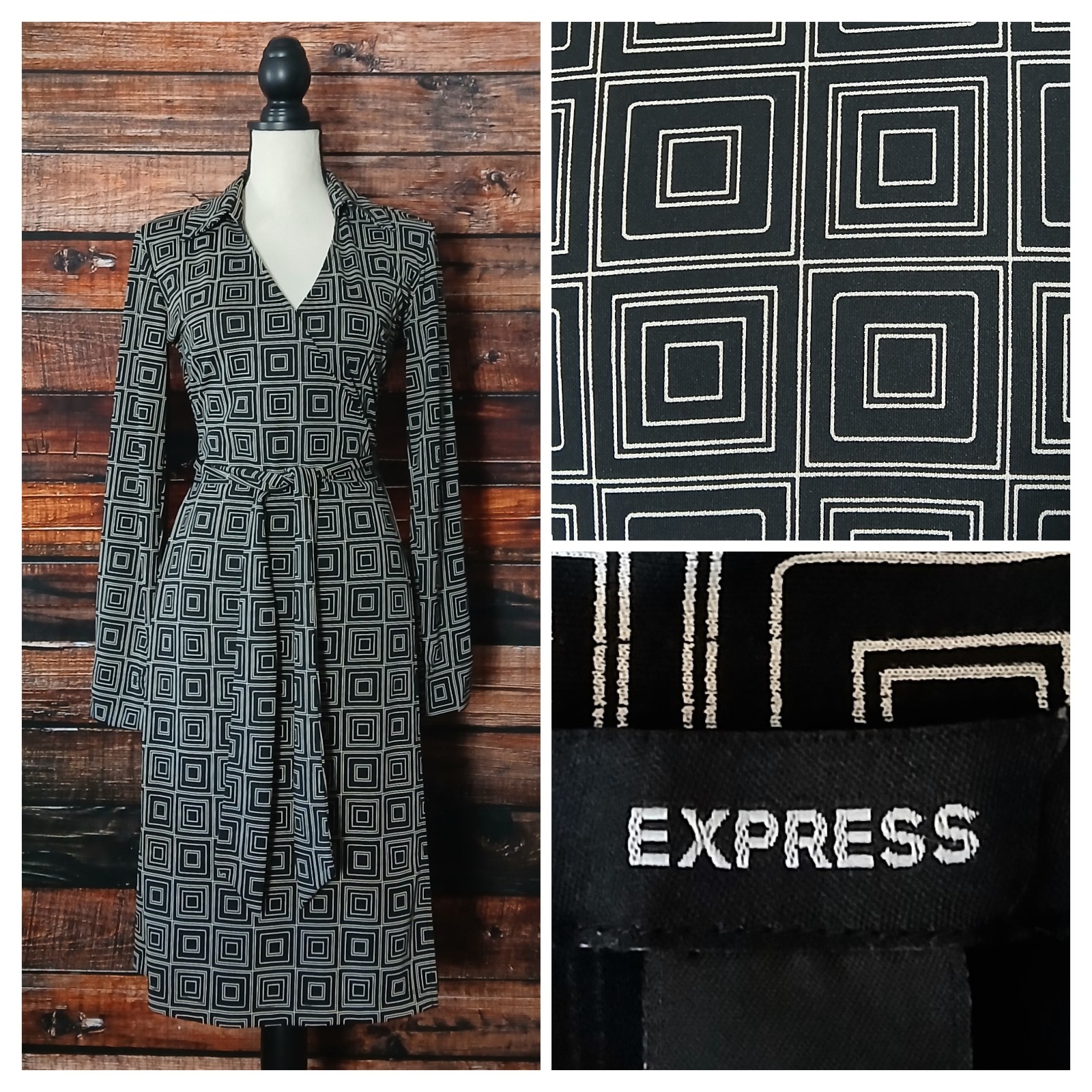 Express Wrap Dress Size 5 6 Black White Squares Belted Long Sleeve Collared