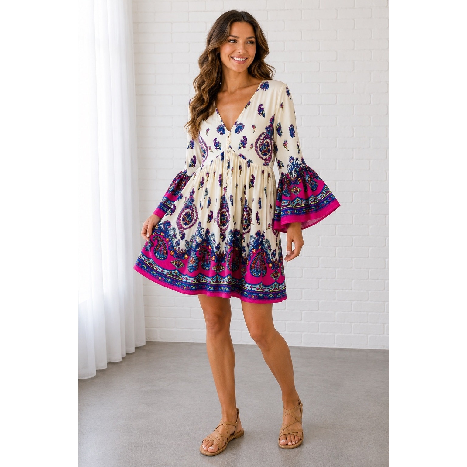 Umgee Boho Paisley Mini Dress Medium Bell Sleeve Pink Blue Festival Peasant