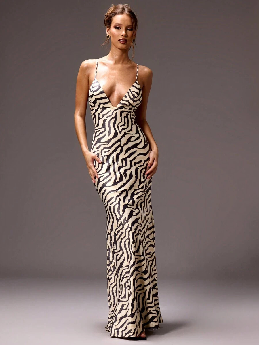 Sexy Zebra Print Halter Maxi Dress Backless Ruched Bodycon Wedding Party