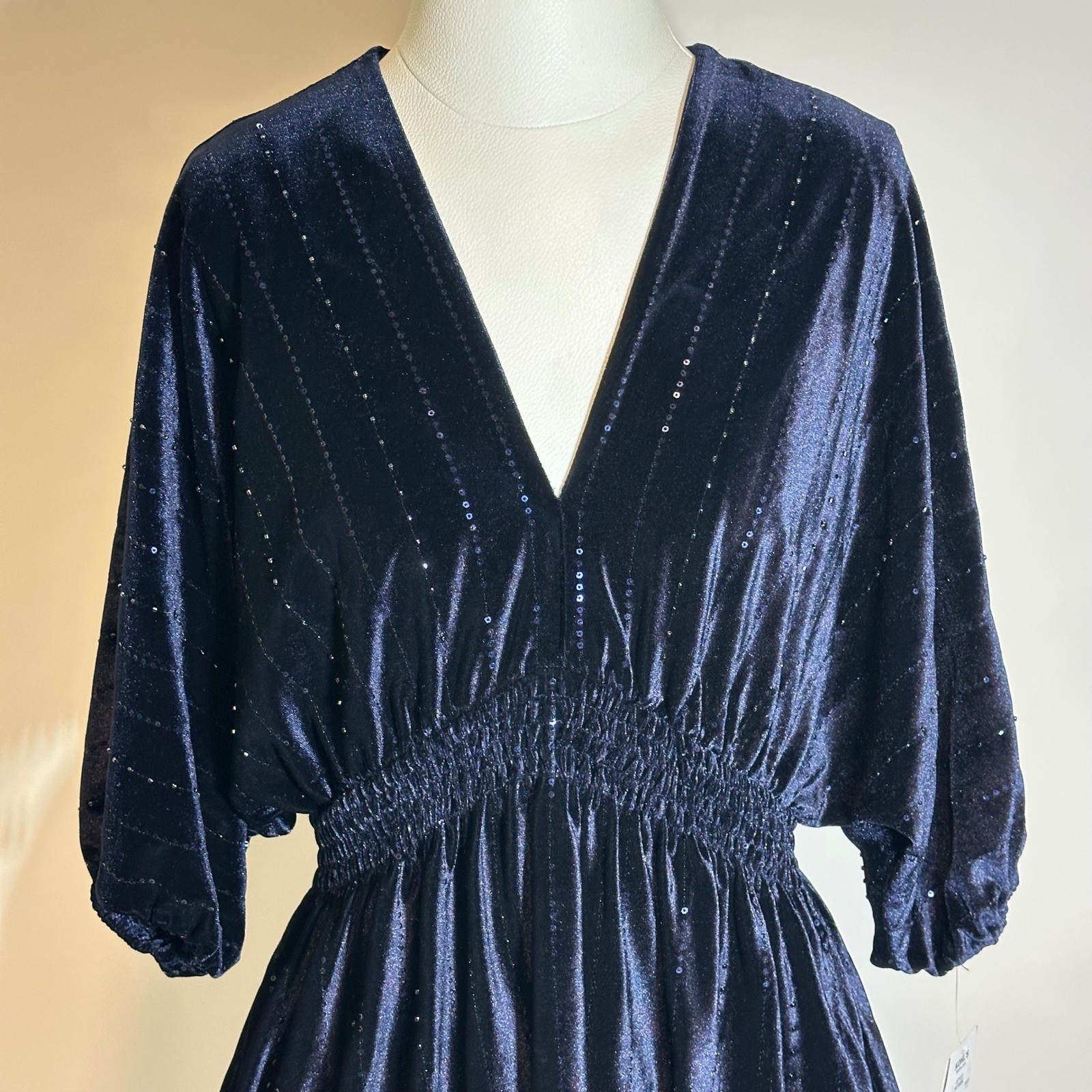 NWT Taylor Velvet Sequin Striped Dolman Sleeve Dress Navy Blue Womens Size 10