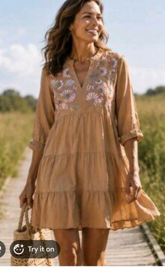 Entro Babydoll Dress Med Beige Boho Floral Embroidered Tiered Ruffle Dress