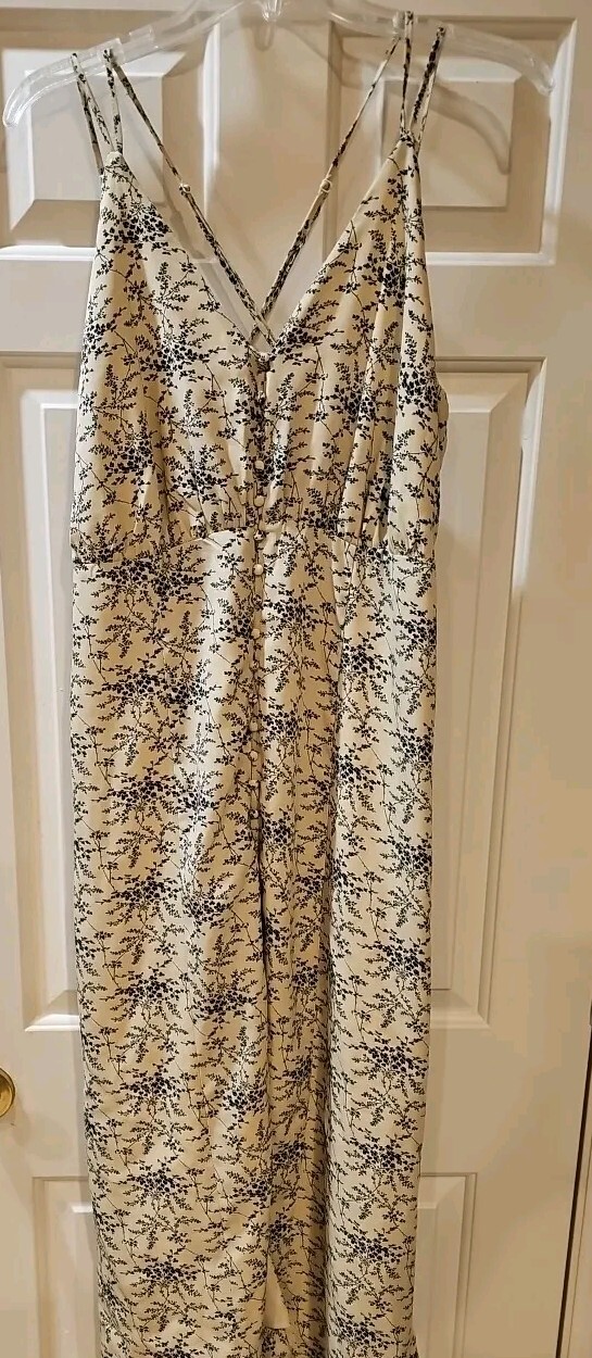 Mod Ref Women’s Maxi Dress Large Spaghetti Strap Covered Buttons Tan and Black