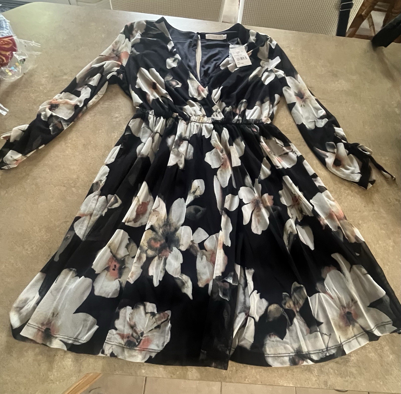 NWT Black Floral Dress – Size Large – A-Line – Sheer Half Sleeves – Lined