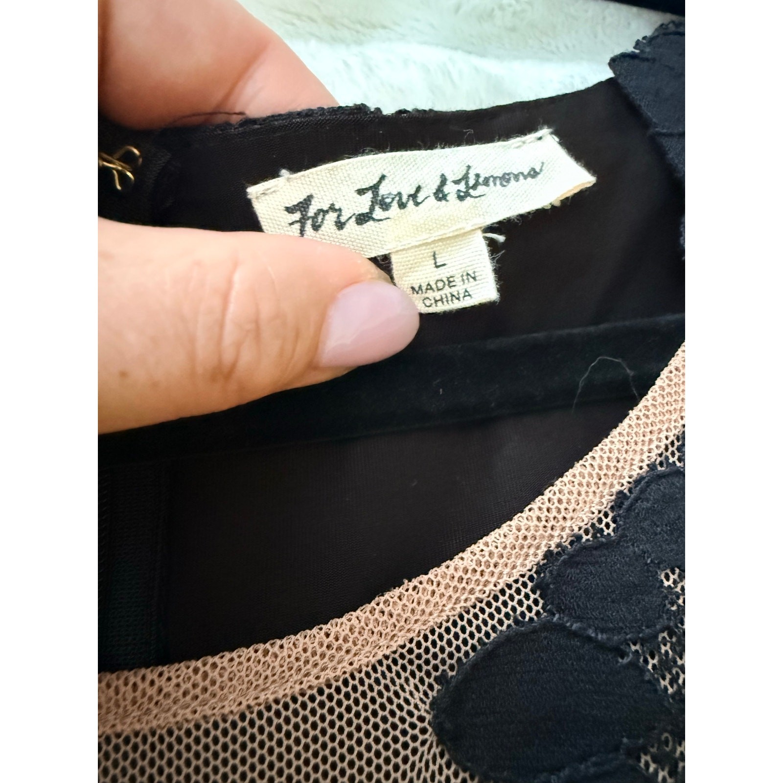 For Love & Lemons GUC Black Lace Noir Mini Dress L Nude Mesh Cutout Long Sleeve