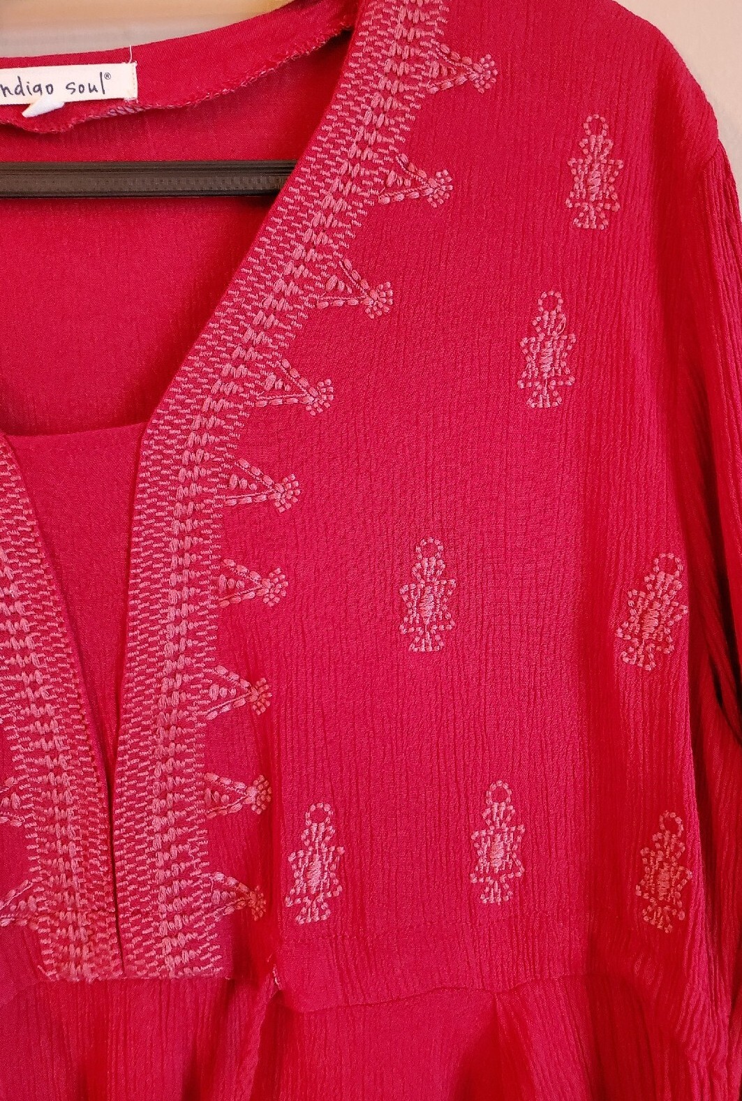 Indigo Soul Dress Size Medium Red Embroidered Crepe Crinkle Tunic 3/4 Sleeves