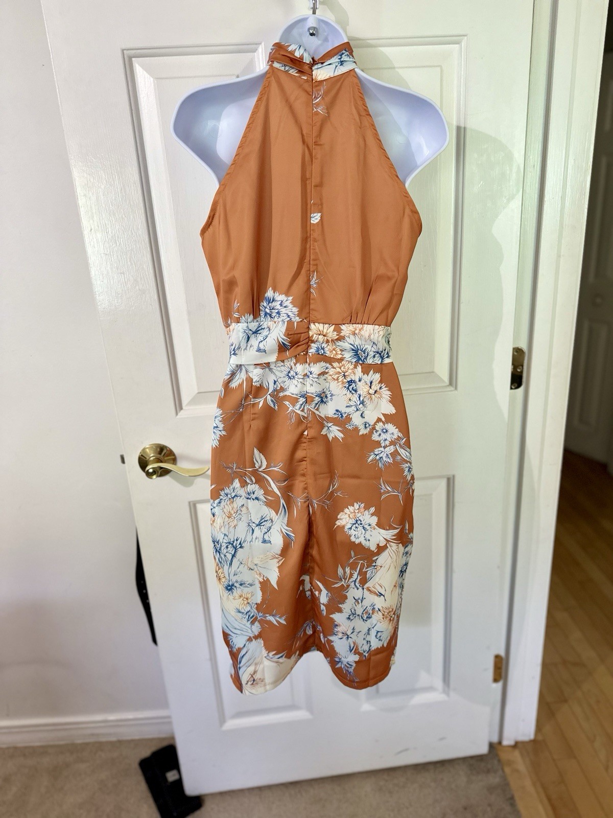 Halter Neck Floral Satin Romper Women’s Size S Brown/White/Blue Button