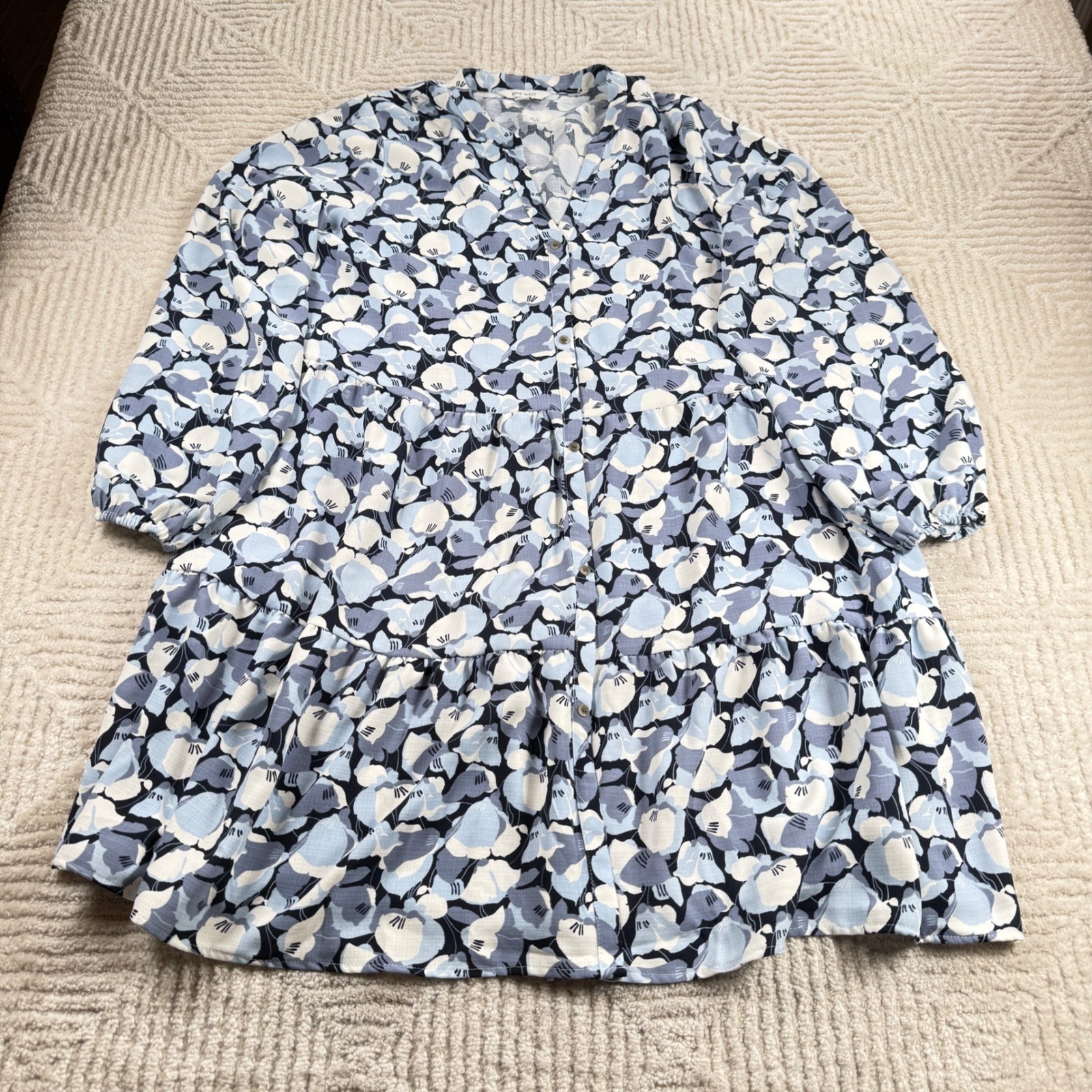Nine West Tiered Mini Dress Women XL Blue Floral Boho Beach Cottagecore Coastal