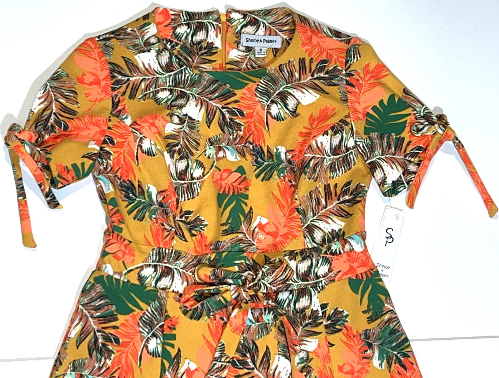 Shelby & Palmer Tropical Leaf Adjustable Belted Tie-Front Fit Flare Dress 6 NEW