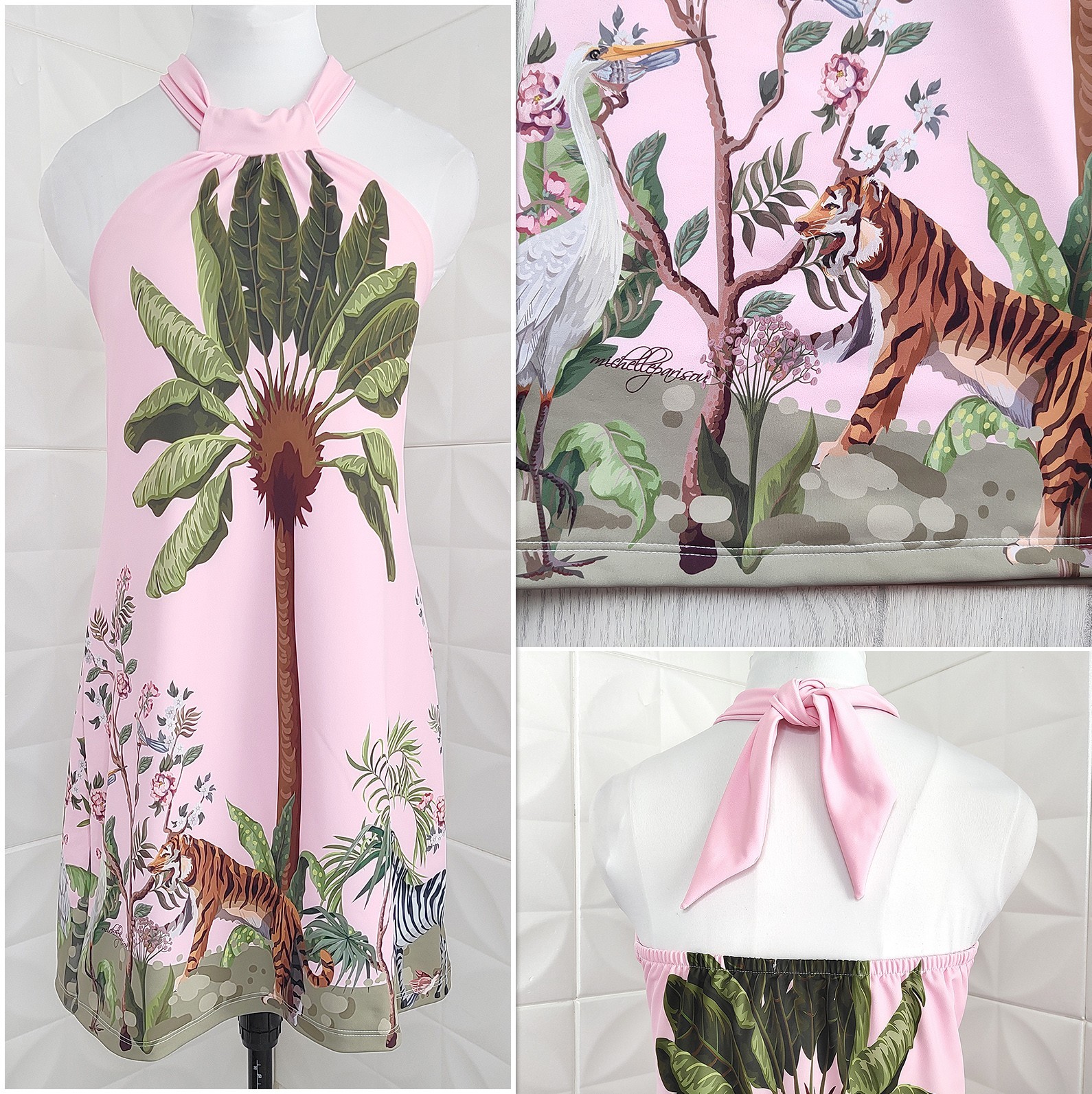 NWT Parisou Pink Stretch Halter Dress Jungle Tropical Tiger Zebra SPF 50 USA S