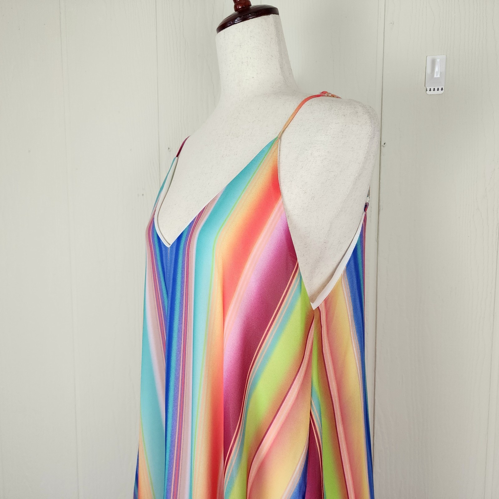 Fantastic Fawn Rainbow Strap Maxi Dress Size L Boho Pockets Lined Sundress Strip