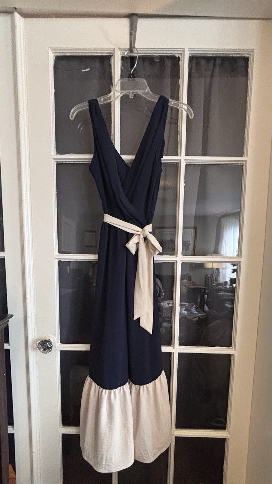 Navy/Cream Sleeveless Midi Fit & Flare Dress V-Neck Colorblock Belted