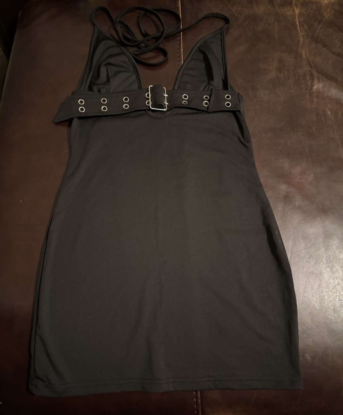 Basic Black Tie Neck Halter Mini Dress With Buckle Size Small