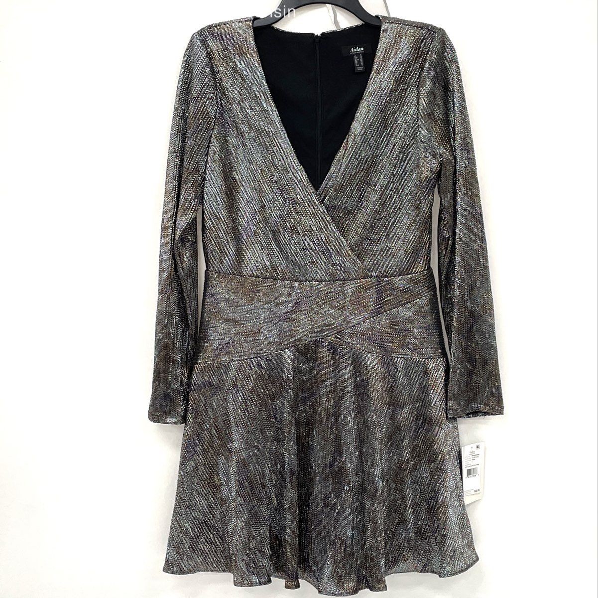 NWT Aidan Mattox Silver Gold Metallic Foil V-Neck Long Sleeve Dress Women Sz 8