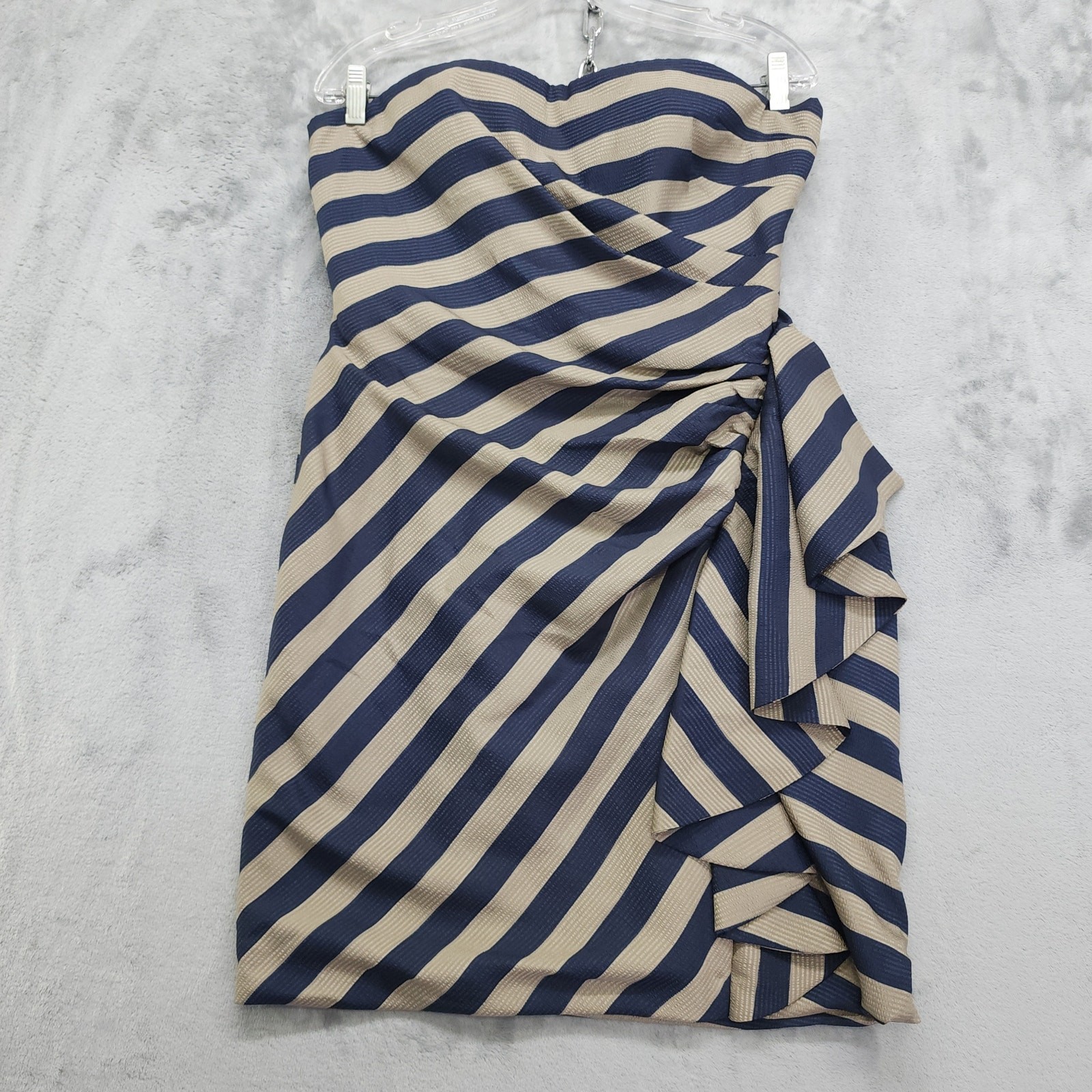 NEW BCBGMAXAZARIA Dress Size 12 Blue Tan Striped Reya Strapless Ruffled Cocktail