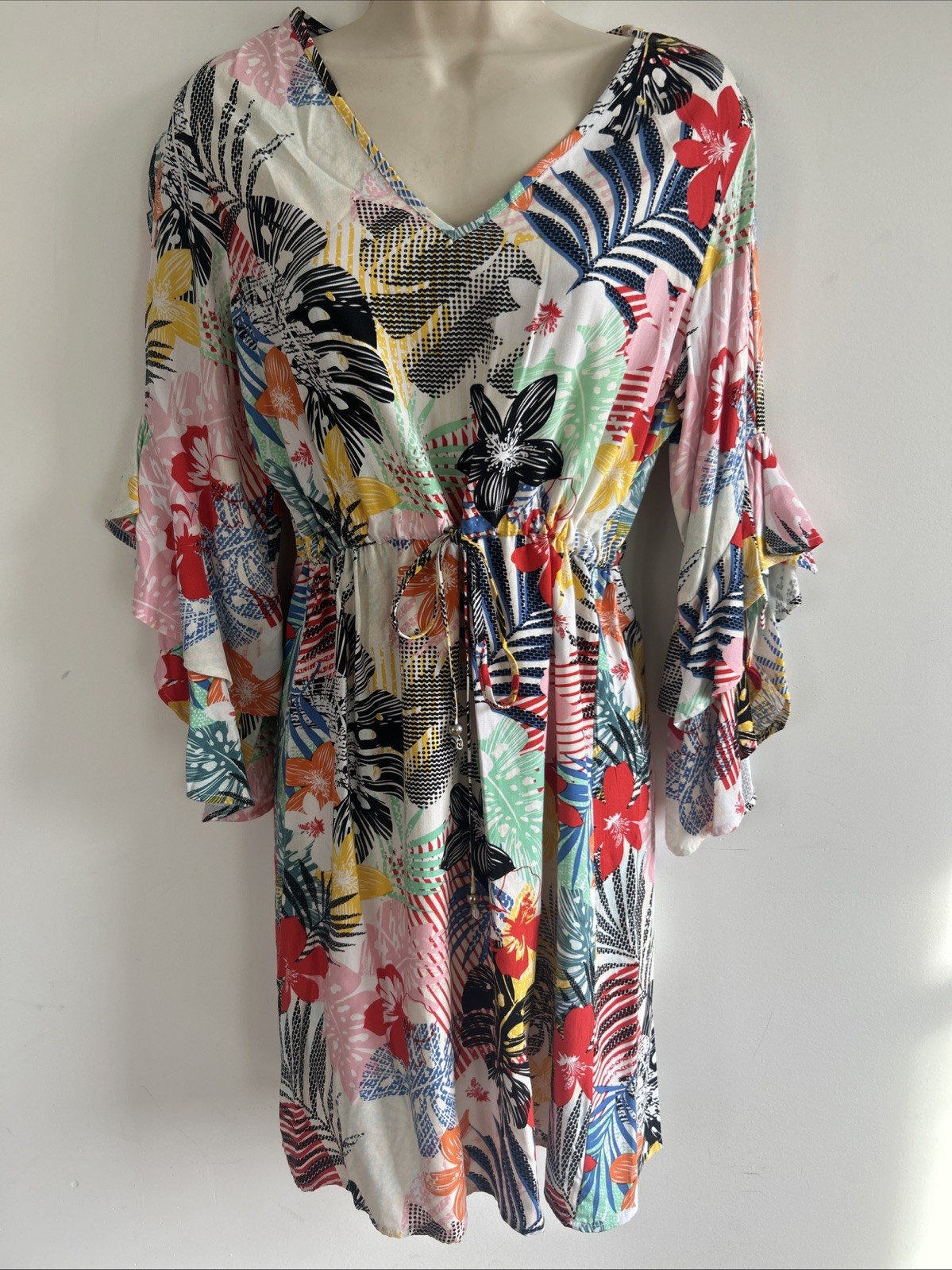 Caribbean Joe Women’s Tropical Island Dress Small Tie Waist Ruffle Sleeve NEW