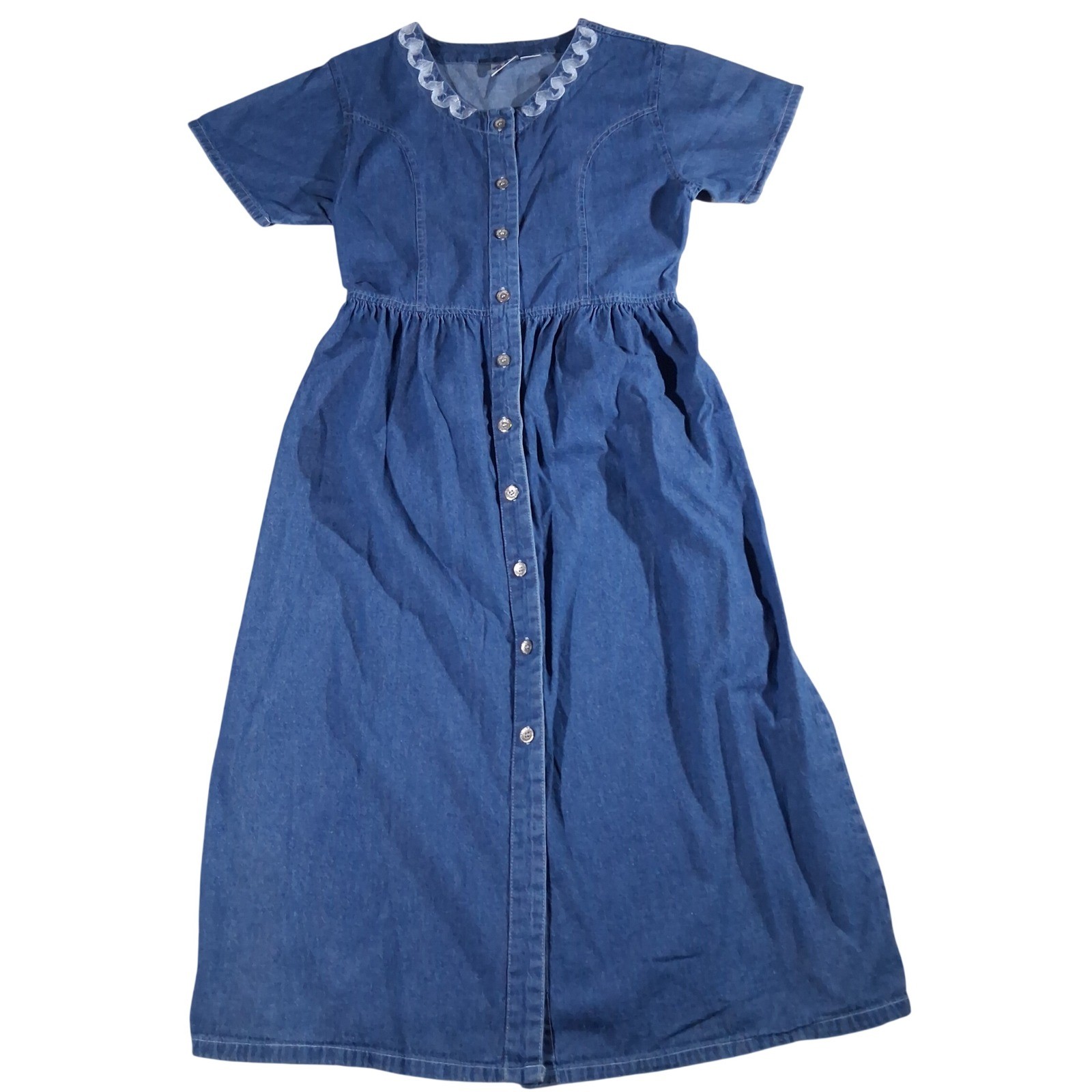 VTG Blue Cotton Embroidered Neck Button Front Midi Country Cottagecore Dress LG