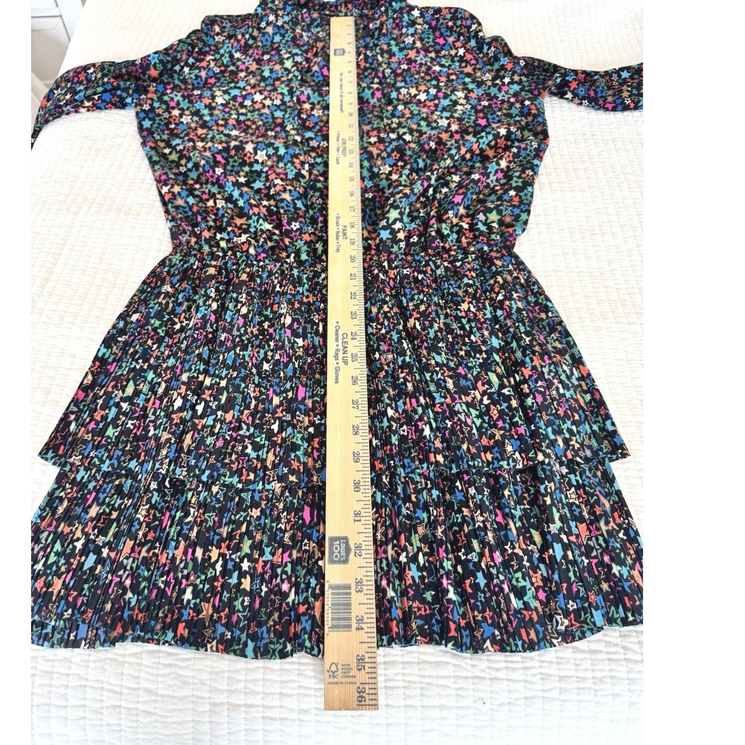 Current Air Multi Color Star Print Pleated Tiered Mini Dress Black Large 1990084