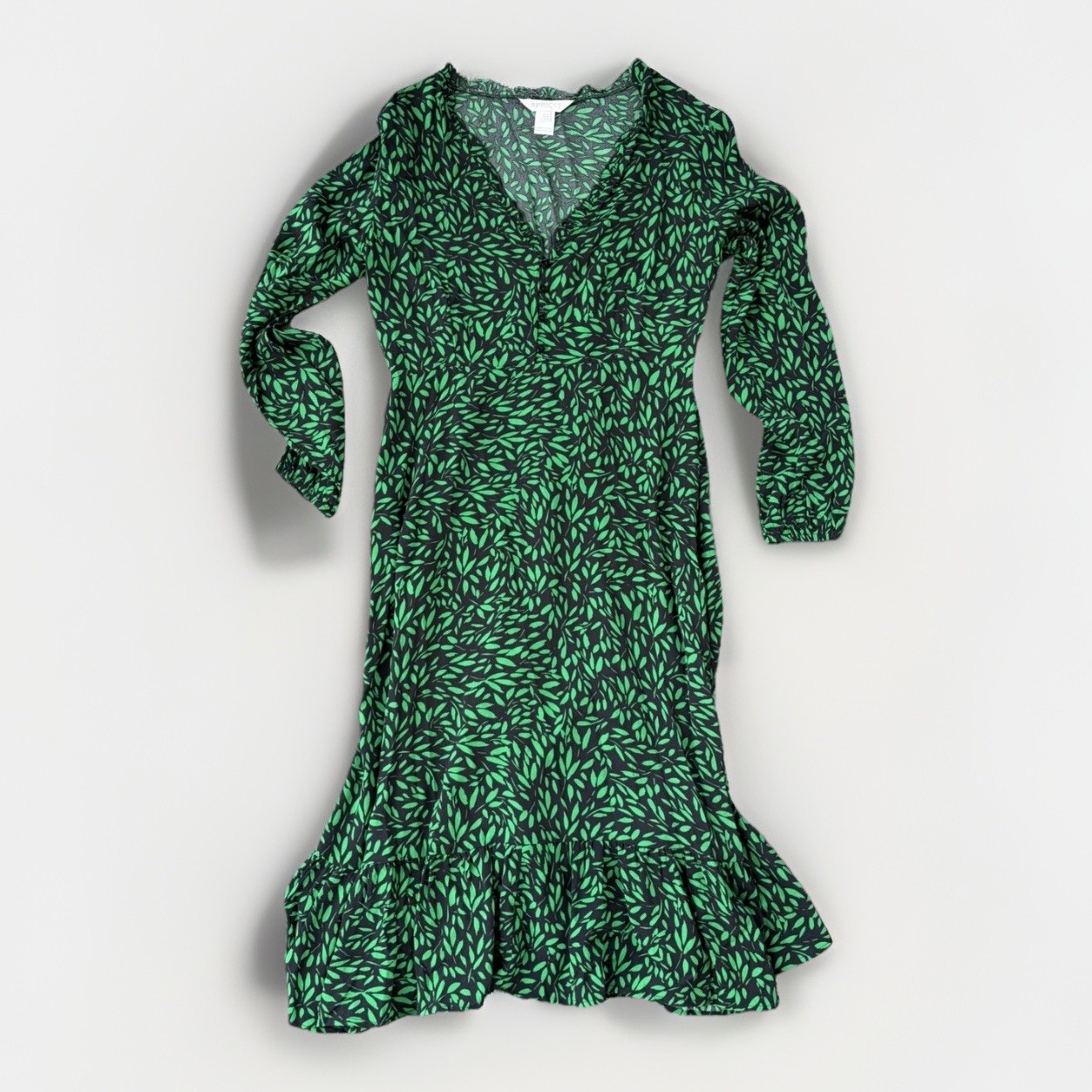 Apricot Green Black Floral Long Sleeve Dress Size 8 V-Neck